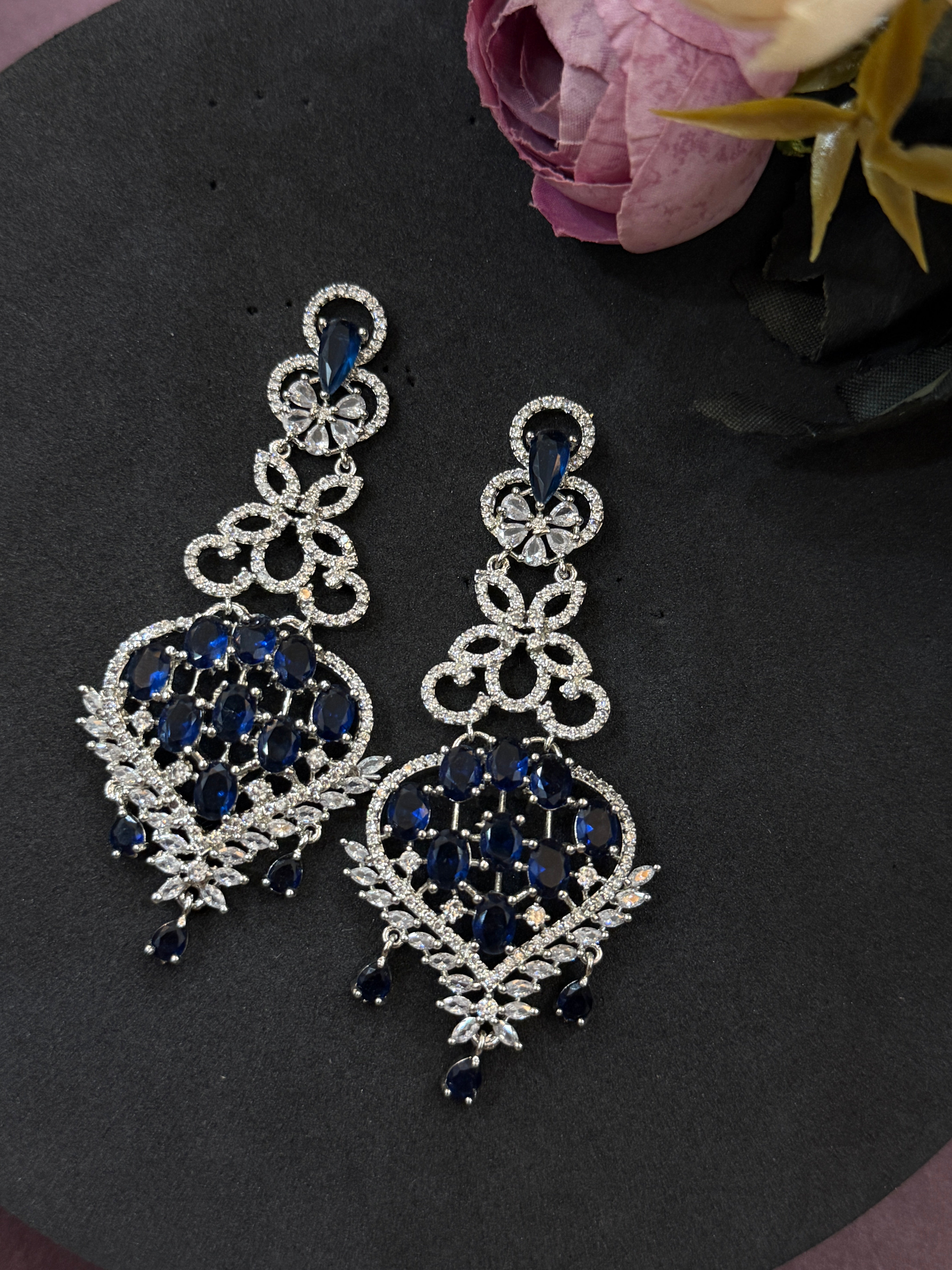 Royal Blue Crystal Filigree Chandelier Earrings